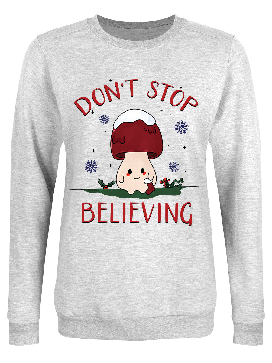 Don't Stop Believing Mushroom Ladies Grey Christmas Jumper