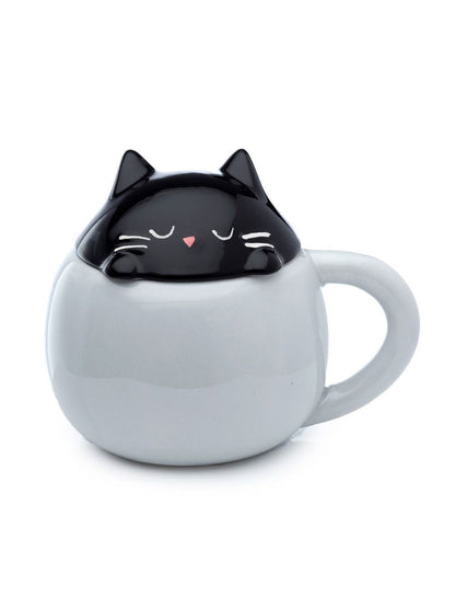 Feline Fine Black Cat Peeping Lid Ceramic Lidded Animal Mug