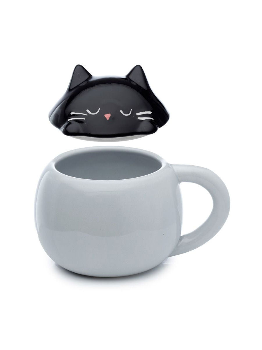 Feline Fine Black Cat Peeping Lid Ceramic Lidded Animal Mug