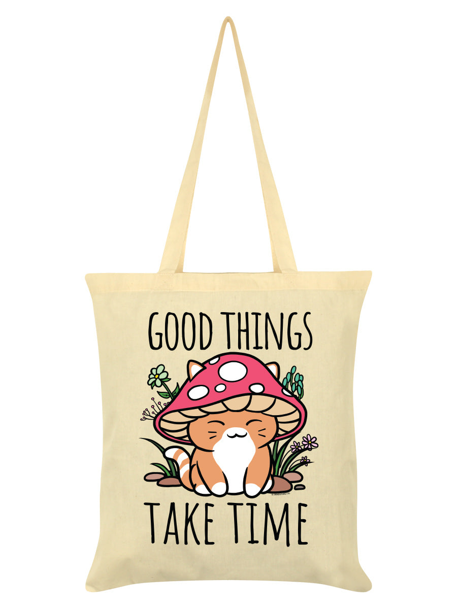 Good Things Take Time Mushroom Cat Cream Tote Bag