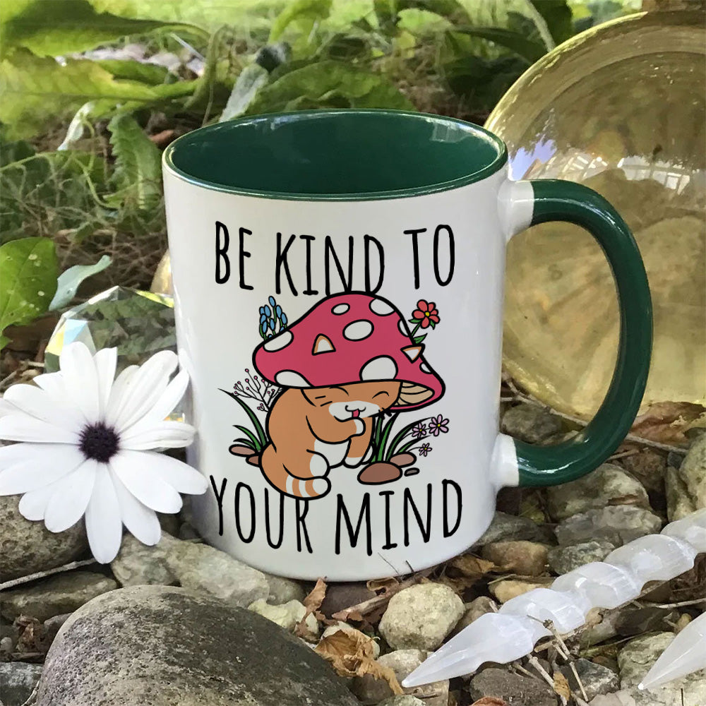 Be Kind To Your Mind Mushroom Cat Green Inner 2-Tone Mug